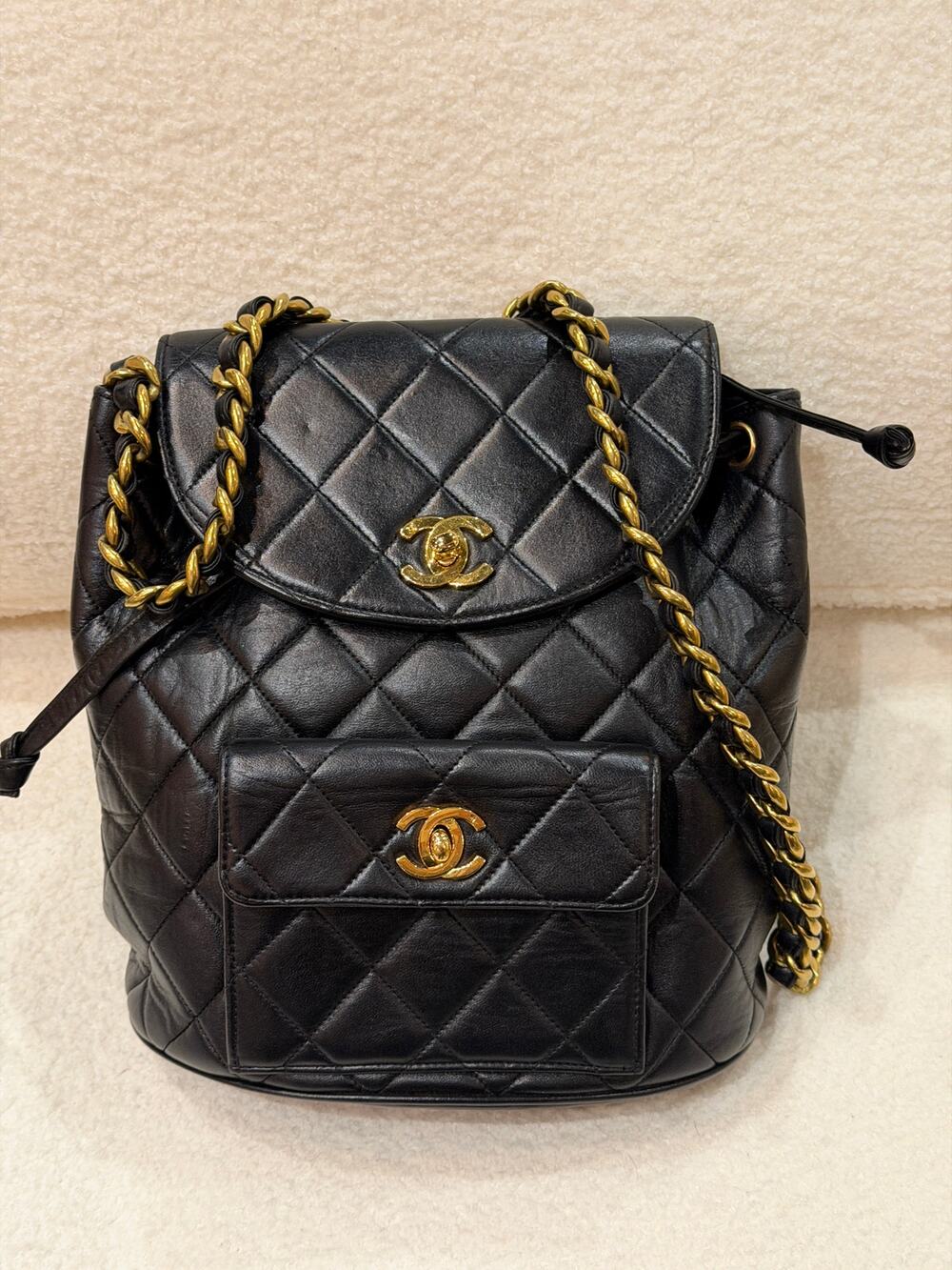 CHANEL Vintage Black Lambskin Quilted Drawstring Backpack 24K GHW Plated